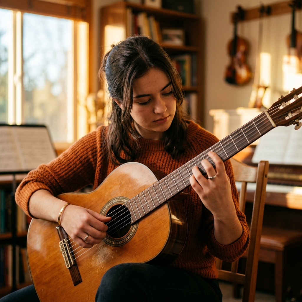Student playing guitar at Roscommon Traditional Music School